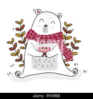 Simpatico orso bianco avente caffè nella stagione primaverile con un po' di bee Illustrazione Vettoriale