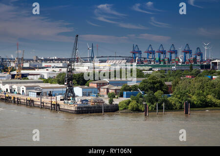 Vista del porto di Amburgo, ponte Kohlbrand, Amburgo, Germania Foto Stock