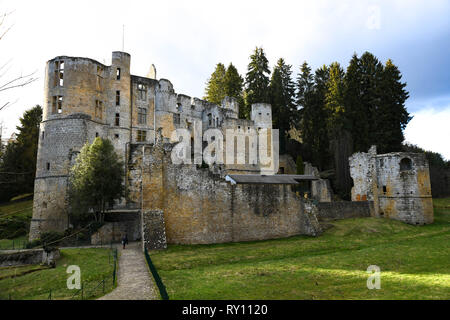 Il castello di Beaufort è situato in Beaufort nella parte orientale del Lussemburgo. La parte più antica del castello è datata intorno all XI secolo. Foto Stock