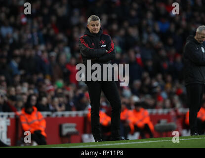 Londra, Regno Unito. Decimo Mar, 2019. Ole Gunnar Solskjaer (Man Utd caretaker manager) all'Arsenal V Manchester United Premier League inglese football match all'Emirates Stadium di Londra il 10 marzo 2019. **Solo uso editoriale, è richiesta una licenza per uso commerciale. Nessun uso in scommesse, giochi o un singolo giocatore/club/league pubblicazioni** Credito: Paolo Marriott/Alamy Live News Foto Stock