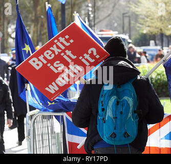 Londra, Regno Unito. Undicesimo Marzo 2019. Pro rimangono gli attivisti godetevi il sole al di fuori del Parlamento. Credito: Thomas Bowles/Alamy Live News Foto Stock