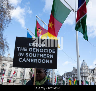 Londra, Regno Unito. Undicesimo Mar, 2019. Protester dimostra sulla piazza del Parlamento, London, Regno Unito oggi giorno del Commonwealth, contro il Camerun presunto genocidio. Credito: Joe/Alamy Live News Foto Stock