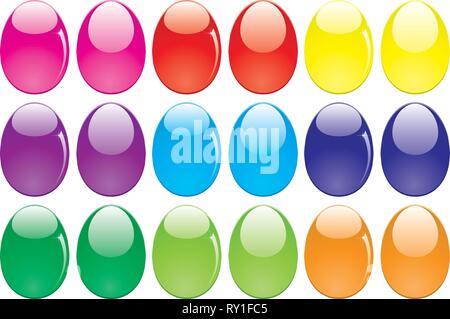 Serie di lucidi colorata lucida le uova di Pasqua isolato su bianco, pronto per la decorazione, illustrazione vettoriale Illustrazione Vettoriale