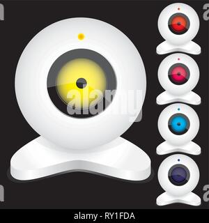 Serie di webcam bianco con luci luminose, parte 2, isolato su nero,illustrazione vettoriale Illustrazione Vettoriale