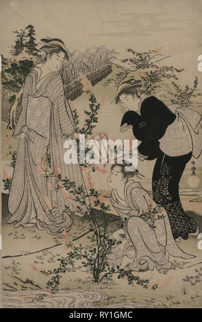 Le donne il taglio di rami di trifoglio Bush; Noji Il Fiume di Tama nella provincia di Omi, da un untitled la serie di sei fiumi Tama, tardi 1780s. Kubo Shunman (1757-1820). Colore stampa woodblock; foglio: 38,6 x 25,8 cm (15 3/16 x 10 3/16 in Foto Stock