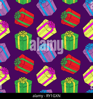Colorate scatole regalo con nastro, disegnati a mano doodle schizzo Illustrazione a colori, seamless pattern design scuro su sfondo viola Foto Stock