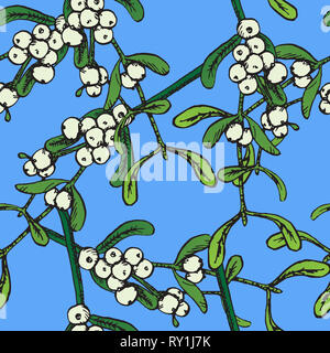 Vischio rami con frutti di bosco, disegnati a mano doodle schizzo Illustrazione a colori, perfetta design pattern su sfondo blu Foto Stock