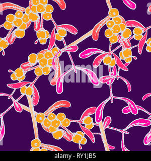 Bacche di olivello spinoso rami con frutti di bosco, disegnati a mano doodle schizzo Illustrazione a colori, seamless pattern design scuro su sfondo viola Foto Stock