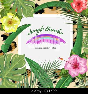 Sfondo tropicale con cornice o telaio realizzato in fiore tropicale e foglie e posto per il testo e a pelle di leopardo dello sfondo. Appartamento illustrazione vettoriale. Illustrazione Vettoriale