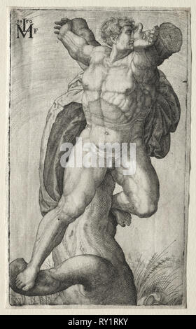 L'Homme Crucific, 1550. Melchior Lorichs (tedesco, 1527-dopo il 1594), dopo Michelangelo Buonarroti (Italiano, 1475-1564). Incisione Foto Stock