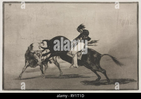 Corride: lo stesso Ceballos montato su un altro Bull si rompe a breve Spears nell'anello a Madrid, 1876. Francisco de Goya (Spagnolo, 1746-1828). Incisione Foto Stock