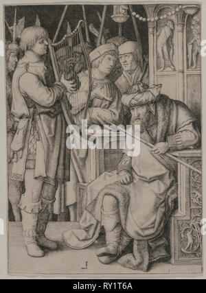 Davide che suona l'Arpa prima di Saul, c. 1508. Lucas van Leyden (Olandese, 1494-1533). Incisione Foto Stock