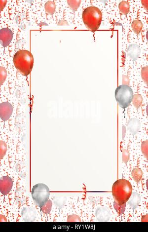 Bella verticale con sfondo rosso brillante serpentina, coriandoli e palloncini su bianco con vuoto modello di pagina di intestazione Illustrazione Vettoriale