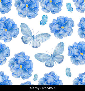 Acquerello blu due farfalle e fiori in colori pastello. Romantico sfondo d'estate. Acquerello design floreale per cosmetici, profumi, cure di bellezza Foto Stock