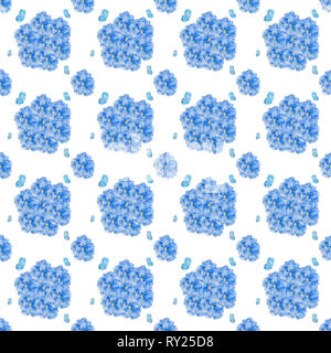 Acquerello blu due farfalle e fiori pattern. Romantico sfondo d'estate. Acquerello design floreale per cosmetici, profumi, prodotti di bellezza Foto Stock