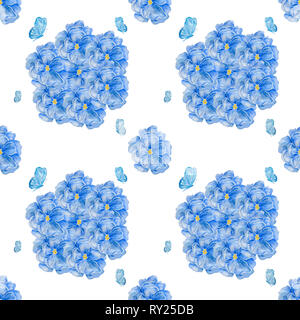 Acquerello blu due farfalle e fiori pattern. Romantico sfondo d'estate. Acquerello design floreale per cosmetici, profumi, prodotti di bellezza Foto Stock