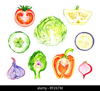 Raccolta di verdure, isolato dipinte a mano illustrazione ad acquerello Foto Stock