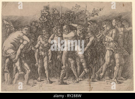 Bacco) con Silenus. Giovanni Antonio da Brescia (italiano), dopo Andrea Mantegna (Italiano, 1431-1506). Incisione Foto Stock