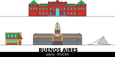 Argentina Buenos Aires flat landmarks illustrazione vettoriale. Argentina Buenos Aires città di linea con le più famose attrazioni di viaggio, skyline, design. Illustrazione Vettoriale