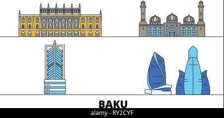 Azerbaigian, Baku flat landmarks illustrazione vettoriale. Azerbaigian, Baku città di linea con le più famose attrazioni di viaggio, skyline, design. Illustrazione Vettoriale