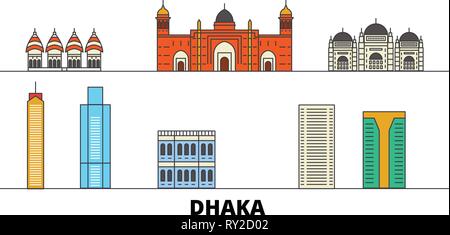 Bangladesh, Dhaka punti di riferimento piatta illustrazione vettoriale. Bangladesh, Dhaka città di linea con le più famose attrazioni di viaggio, skyline, design. Illustrazione Vettoriale