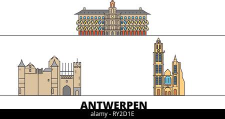 Belgio, Antwerpen flat landmarks illustrazione vettoriale. Belgio, Antwerpen città di linea con le più famose attrazioni di viaggio, skyline, design. Illustrazione Vettoriale