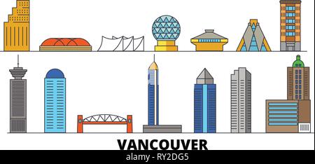 Canada Vancouver punti di riferimento piatta illustrazione vettoriale. Canada Vancouver città di linea con le più famose attrazioni di viaggio, skyline, design. Illustrazione Vettoriale