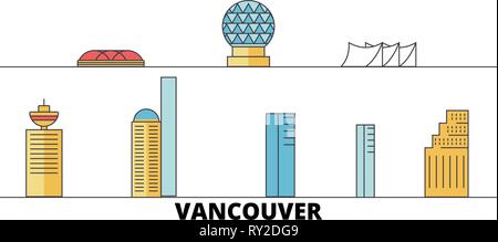 Canada Vancouver city flat landmarks illustrazione vettoriale. Canada Vancouver City line city con le più famose attrazioni di viaggio, skyline, design. Illustrazione Vettoriale