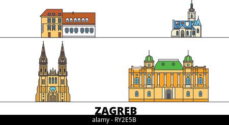 Croazia, Zagabria flat landmarks illustrazione vettoriale. Croazia, Zagabria città di linea con le più famose attrazioni di viaggio, skyline, design. Illustrazione Vettoriale