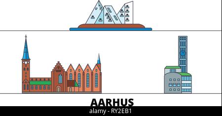 Danimarca, Aarhus flat landmarks illustrazione vettoriale. Danimarca, Aarhus città di linea con le più famose attrazioni di viaggio, skyline, design. Illustrazione Vettoriale