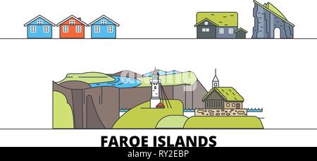 Danimarca, Isole Faerøer flat landmarks illustrazione vettoriale. Danimarca, Isole Faerøer città di linea con le più famose attrazioni di viaggio, skyline, design. Illustrazione Vettoriale