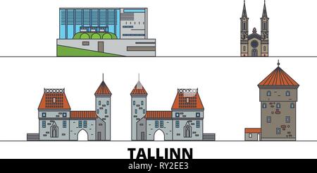 Estonia, Tallinn flat landmarks illustrazione vettoriale. Estonia, Tallinn City line con le più famose attrazioni di viaggio, skyline, design. Illustrazione Vettoriale
