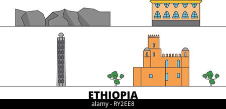 Etiopia flat landmarks illustrazione vettoriale. In Etiopia la linea city con le più famose attrazioni di viaggio, skyline, design. Illustrazione Vettoriale