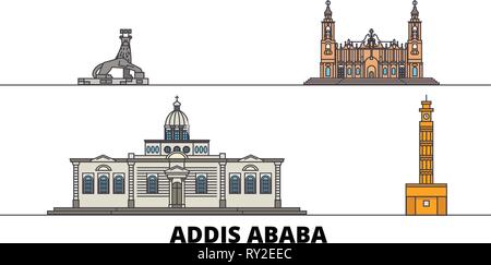 Etiopia, Addis Abeba flat landmarks illustrazione vettoriale. Etiopia, Addis Abeba città di linea con le più famose attrazioni di viaggio, skyline, design. Illustrazione Vettoriale