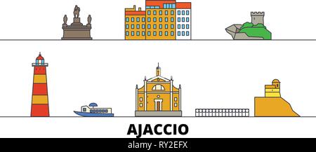 Francia, Ajaccio flat landmarks illustrazione vettoriale. Francia, Ajaccio città di linea con le più famose attrazioni di viaggio, skyline, design. Illustrazione Vettoriale