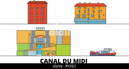 In Francia, il Canal du Midi di punti di riferimento piatta illustrazione vettoriale. In Francia, il Canal du Midi di città di linea con le più famose attrazioni di viaggio, skyline, design. Illustrazione Vettoriale