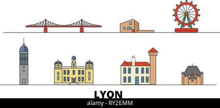 Francia, Lione flat landmarks illustrazione vettoriale. Francia, Lione città di linea con le più famose attrazioni di viaggio, skyline, design. Illustrazione Vettoriale