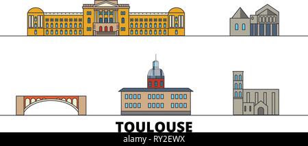 Francia, Toulouse flat landmarks illustrazione vettoriale. Francia, Tolosa città di linea con le più famose attrazioni di viaggio, skyline, design. Illustrazione Vettoriale