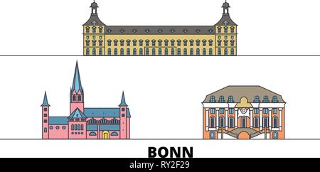 Repubblica federale di Germania, Bonn flat landmarks illustrazione vettoriale. Repubblica federale di Germania, Bonn città di linea con le più famose attrazioni di viaggio, skyline, design. Illustrazione Vettoriale