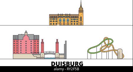 Germania, Duisburg flat landmarks illustrazione vettoriale. Germania, linea di Duisburg City con le più famose attrazioni di viaggio, skyline, design. Illustrazione Vettoriale