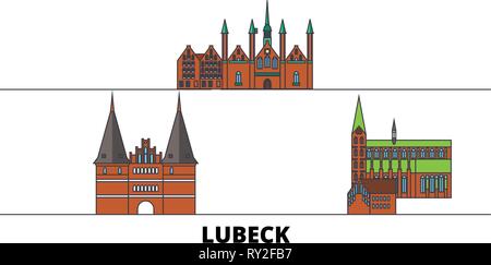 Germania, Lubeck flat landmarks illustrazione vettoriale. Germania, Lubecca, città di linea con le più famose attrazioni di viaggio, skyline, design. Illustrazione Vettoriale