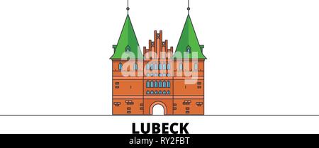 Germania, Lubeck city flat landmarks illustrazione vettoriale. Germania, Lubeck City line city con le più famose attrazioni di viaggio, skyline, design. Illustrazione Vettoriale