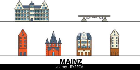 Germania, Mainz flat landmarks illustrazione vettoriale. Germania, Mainz City line con le più famose attrazioni di viaggio, skyline, design. Illustrazione Vettoriale