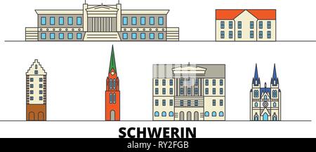 Germania, Schwerin flat landmarks illustrazione vettoriale. Germania, linea di Schwerin città con le più famose attrazioni di viaggio, skyline, design. Illustrazione Vettoriale