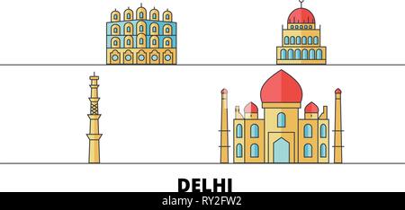 India Delhi city flat landmarks illustrazione vettoriale. India Delhi City line city con le più famose attrazioni di viaggio, skyline, design. Illustrazione Vettoriale