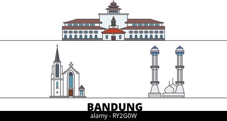 Indonesia, Bandung flat landmarks illustrazione vettoriale. Indonesia, Bandung città di linea con le più famose attrazioni di viaggio, skyline, design. Illustrazione Vettoriale