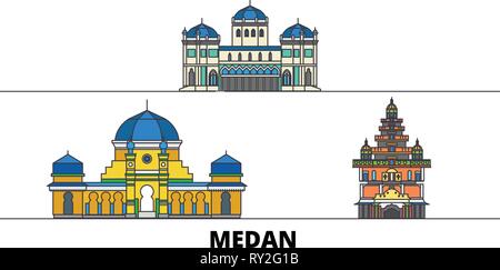 Indonesia, Medan flat landmarks illustrazione vettoriale. Indonesia, linea di Medan city con le più famose attrazioni di viaggio, skyline, design. Illustrazione Vettoriale