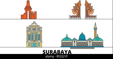 Indonesia, Surabaya flat landmarks illustrazione vettoriale. Indonesia, Surabaya città di linea con le più famose attrazioni di viaggio, skyline, design. Illustrazione Vettoriale