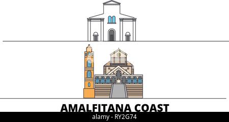 Italia Amalfi Coast flat landmarks illustrazione vettoriale. Italia Amalfi Coast line città con le più famose attrazioni di viaggio, skyline, design. Illustrazione Vettoriale