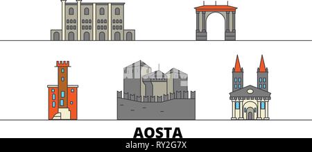 L'Italia, la piana di Aosta landmarks illustrazione vettoriale. L'Italia, Aosta città di linea con le più famose attrazioni di viaggio, skyline, design. Illustrazione Vettoriale